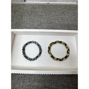 Set Of 2 Beaded Bracelets Black & Gold and Gray & Clear Accents Womens Fashion